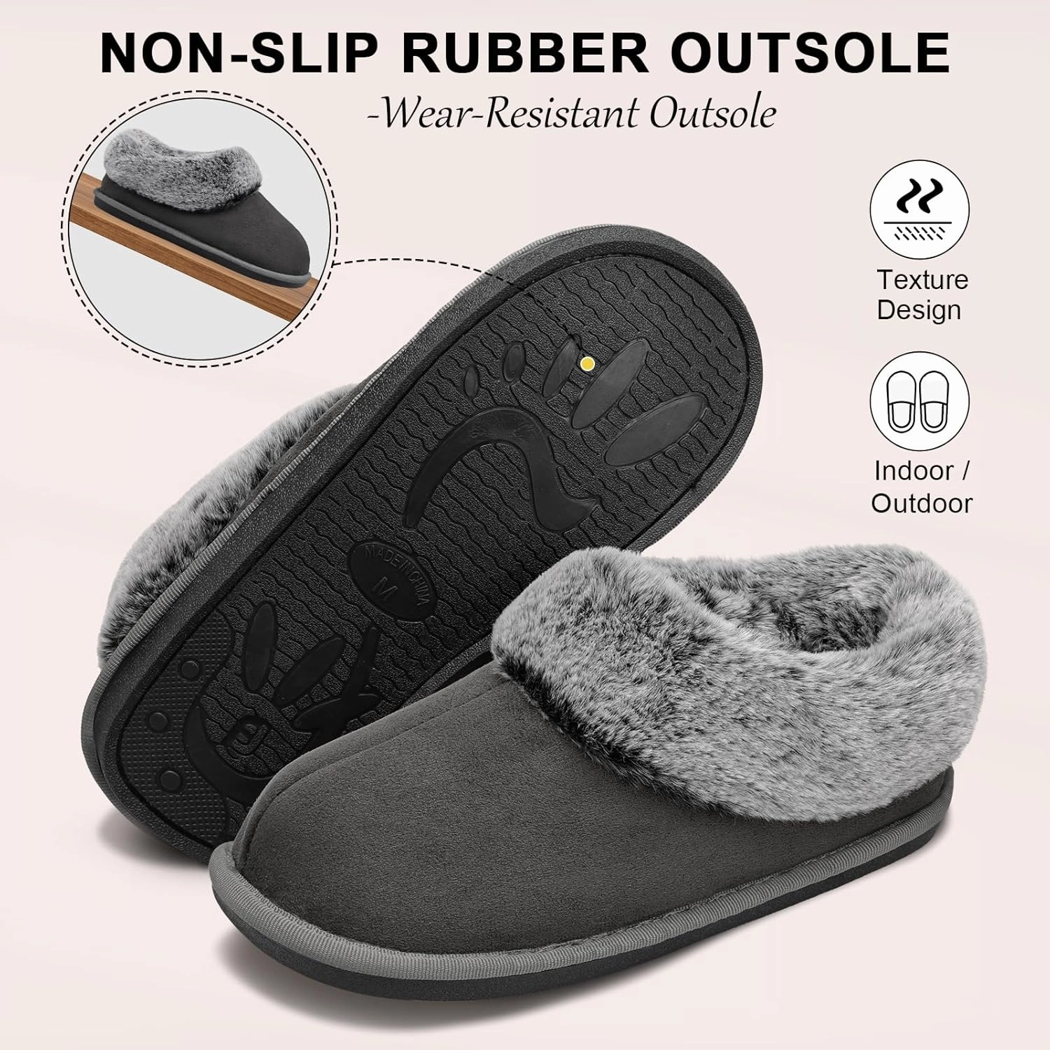 JOINFREE Women's Slippers Fuzzy House Shoes with Memory Foam Slip-on Comfy Bedroom Slippers Indoor Outdoor Shoes with Warm Faux Fur Collar