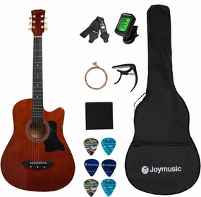 Joymusic 38 inch brown beginner acoustic guitar kit,bundle with a strap with picks holder,digital tuner, set strings, capo,cleaning cloth,6 picks,gig bag.(JG-38C,BR)