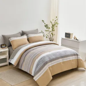 KAKIJUMN 7 Piece Bed in a Bag Stripe Comforter Set Full Size, White Grey Khaki Striped Comforter and Sheet Set, All Season Soft Microfiber Complete Bedding Set(Khaki,Full)