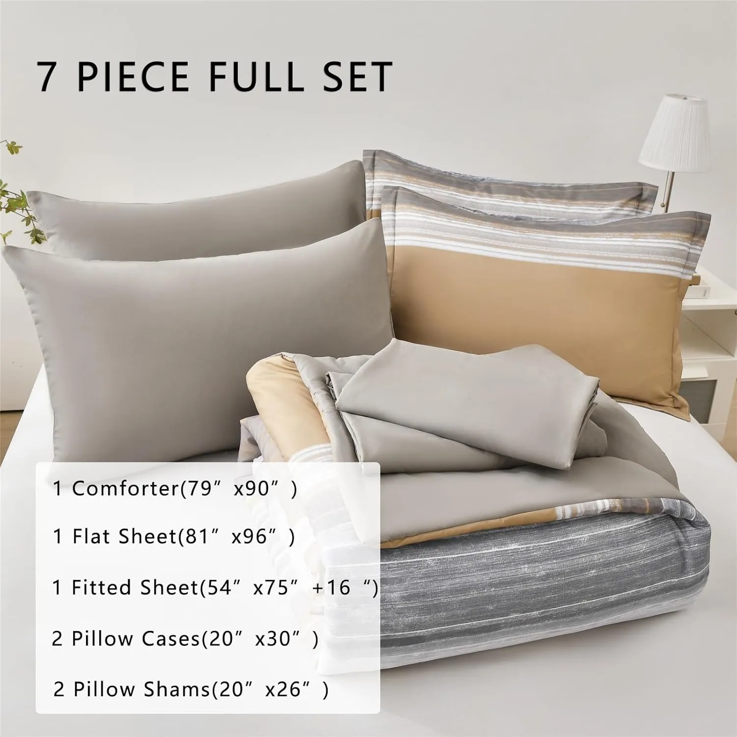 KAKIJUMN 7 Piece Bed in a Bag Stripe Comforter Set Full Size, White Grey Khaki Striped Comforter and Sheet Set, All Season Soft Microfiber Complete Bedding Set(Khaki,Full)