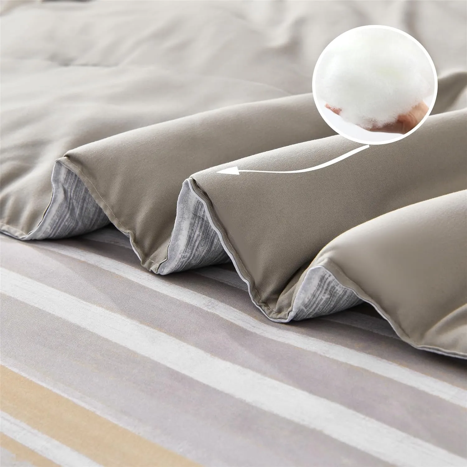 KAKIJUMN 7 Piece Bed in a Bag Stripe Comforter Set Full Size, White Grey Khaki Striped Comforter and Sheet Set, All Season Soft Microfiber Complete Bedding Set(Khaki,Full)
