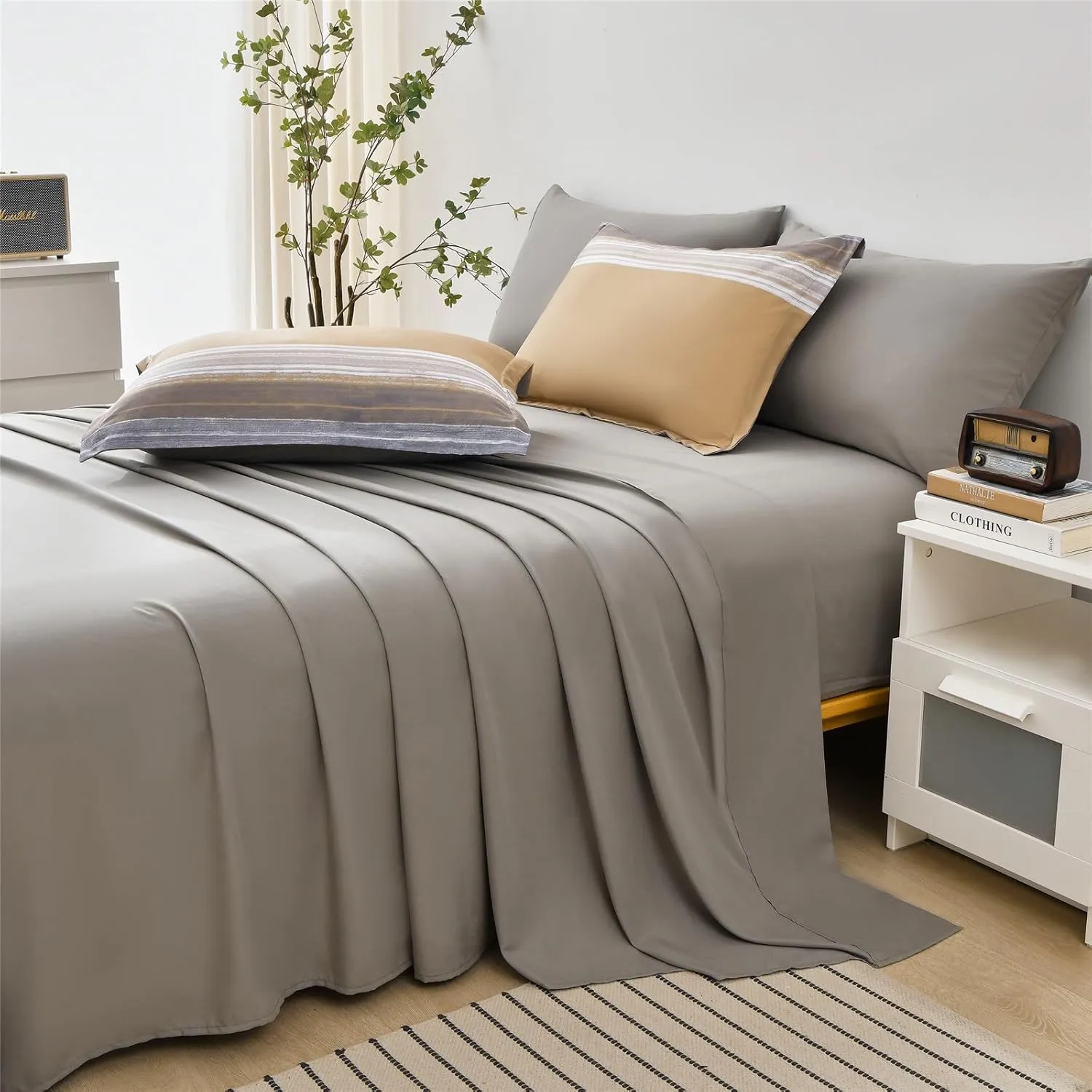 KAKIJUMN 7 Piece Bed in a Bag Stripe Comforter Set Full Size, White Grey Khaki Striped Comforter and Sheet Set, All Season Soft Microfiber Complete Bedding Set(Khaki,Full)