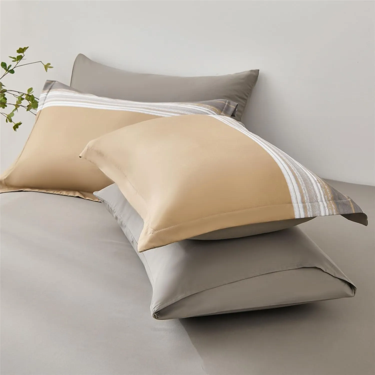 KAKIJUMN 7 Piece Bed in a Bag Stripe Comforter Set Full Size, White Grey Khaki Striped Comforter and Sheet Set, All Season Soft Microfiber Complete Bedding Set(Khaki,Full)