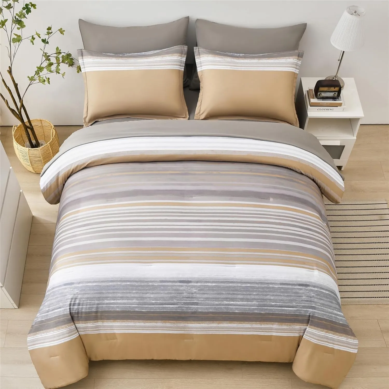 KAKIJUMN 7 Piece Bed in a Bag Stripe Comforter Set Full Size, White Grey Khaki Striped Comforter and Sheet Set, All Season Soft Microfiber Complete Bedding Set(Khaki,Full)