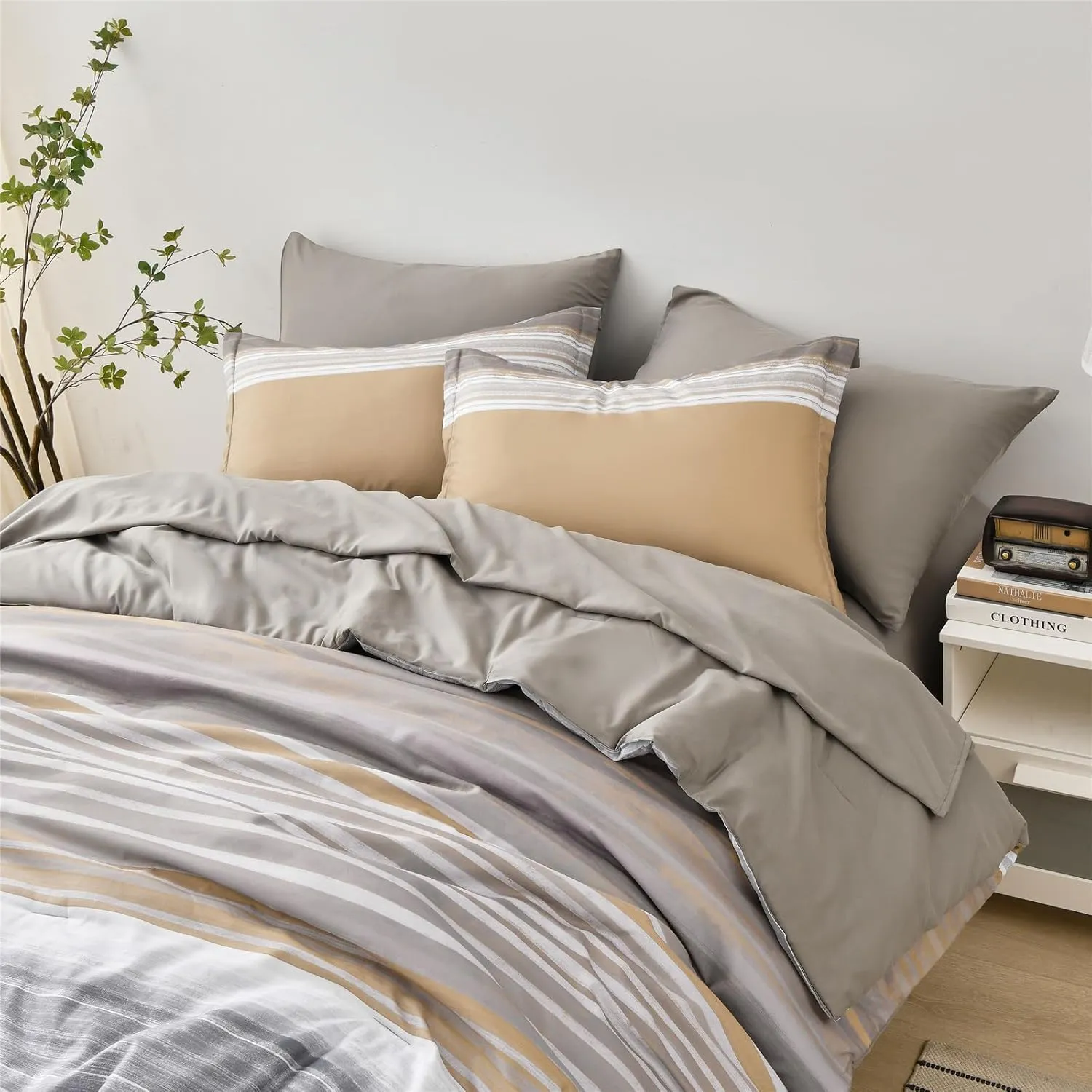 KAKIJUMN 7 Piece Bed in a Bag Stripe Comforter Set Full Size, White Grey Khaki Striped Comforter and Sheet Set, All Season Soft Microfiber Complete Bedding Set(Khaki,Full)