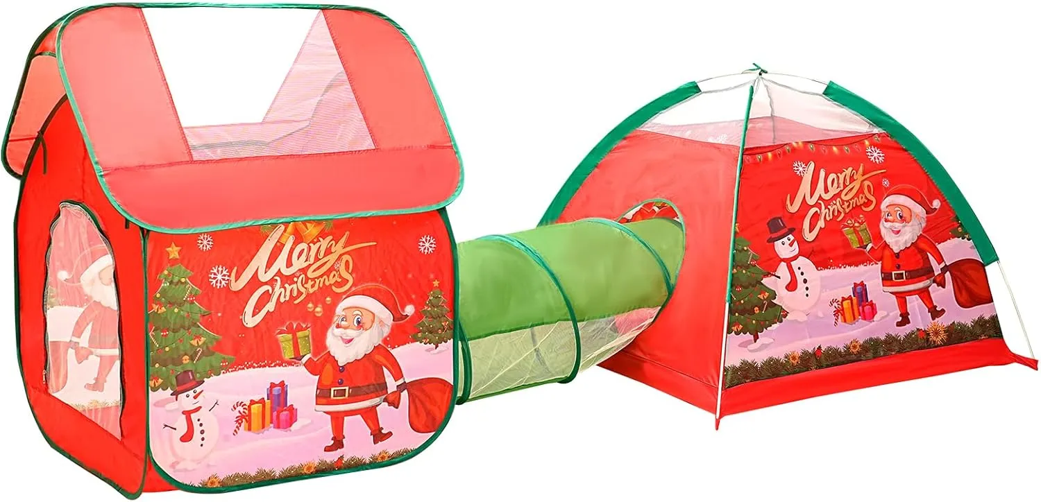 Kids Play Tent, Pop Up Play Tents Toy with Crawl Tunnel for Children, Indoor Outdoor Playhouse, Dollhouse Passage Beach Tent 3 PCS (Red Merry Christmas)