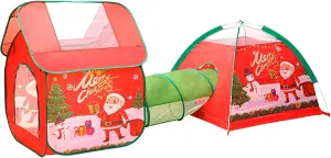 Kids Play Tent, Pop Up Play Tents Toy with Crawl Tunnel for Children, Indoor Outdoor Playhouse, Dollhouse Passage Beach Tent 3 PCS (Red Merry Christmas)