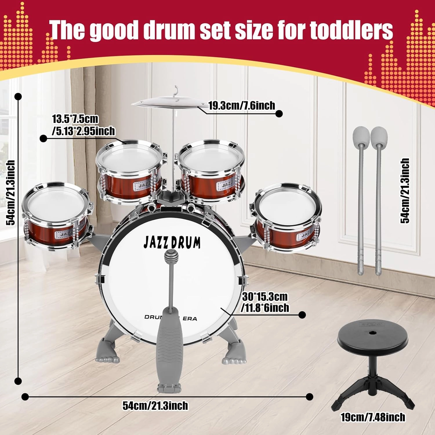 Kids Drum Set for Toddlers 1-3 3-5 - Musical Instruments Toys Drum Kit 9 Pcs with Stool, Bass Drum, 4 Small Drums Musical Toys for Toddlers 2 3 4 5 Year Old Boys Girls Gifts