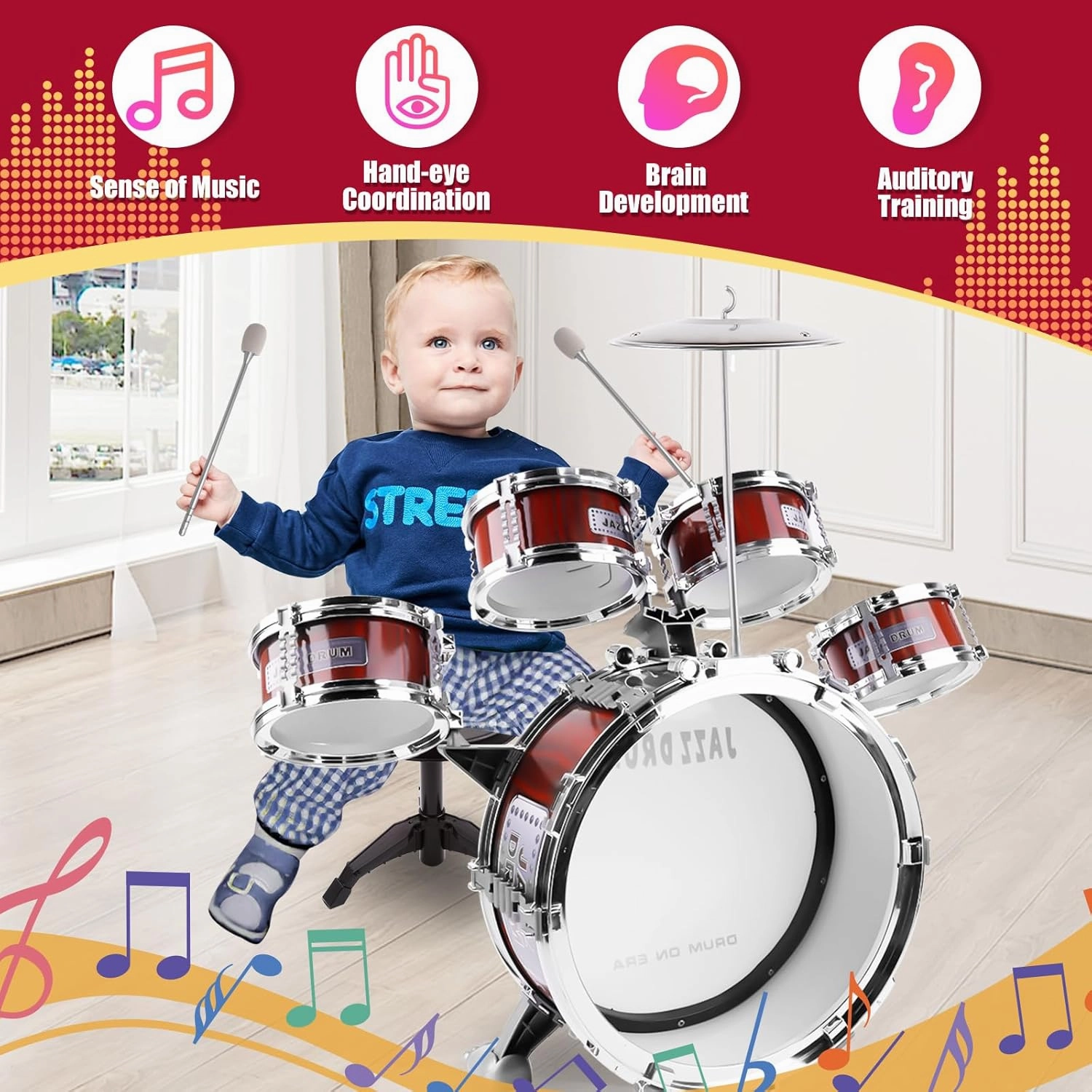 Kids Drum Set for Toddlers 1-3 3-5 - Musical Instruments Toys Drum Kit 9 Pcs with Stool, Bass Drum, 4 Small Drums Musical Toys for Toddlers 2 3 4 5 Year Old Boys Girls Gifts