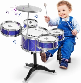 Kids Drum Set, Jazz Drum Kit 5 Drums with Cymbals, Sticks, Drum Throne for Toddlers Little Rockstar Drum Set Toy for Baby Boys Girls Gifts (Blue)