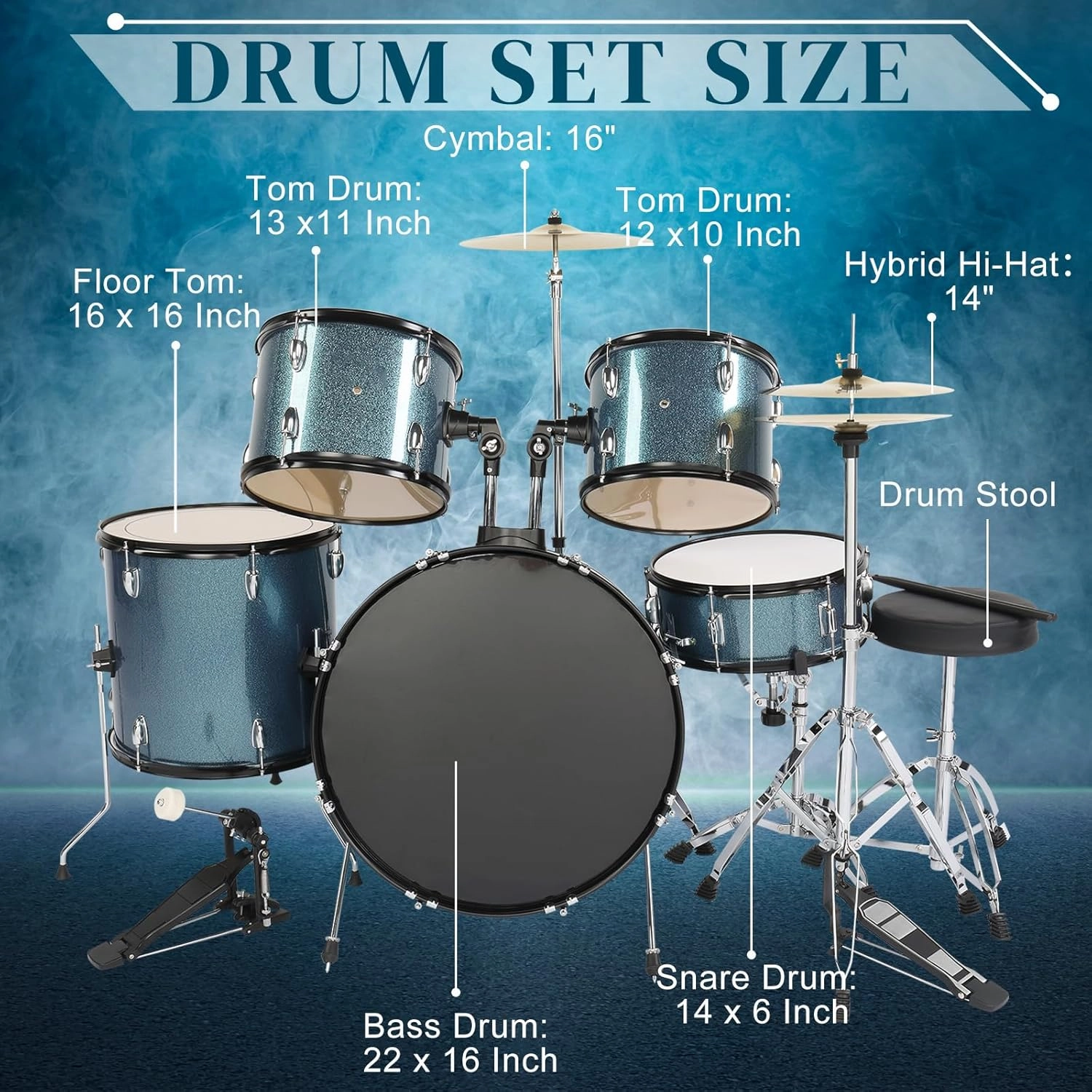 Ktaxon 22 Inch Adult Drum Set, 5-Piece Full-Size Drums Kit with Cymbal Stands, Hi-hat Stand, Sticks, Drum Pedal, Stool & Floor Tom for Beginner Teens Student (Blue)