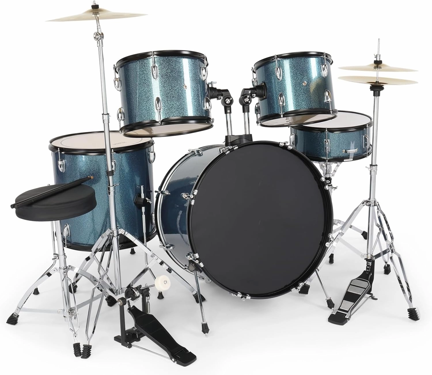 Ktaxon 22 Inch Adult Drum Set, 5-Piece Full-Size Drums Kit with Cymbal Stands, Hi-hat Stand, Sticks, Drum Pedal, Stool & Floor Tom for Beginner Teens Student (Blue)