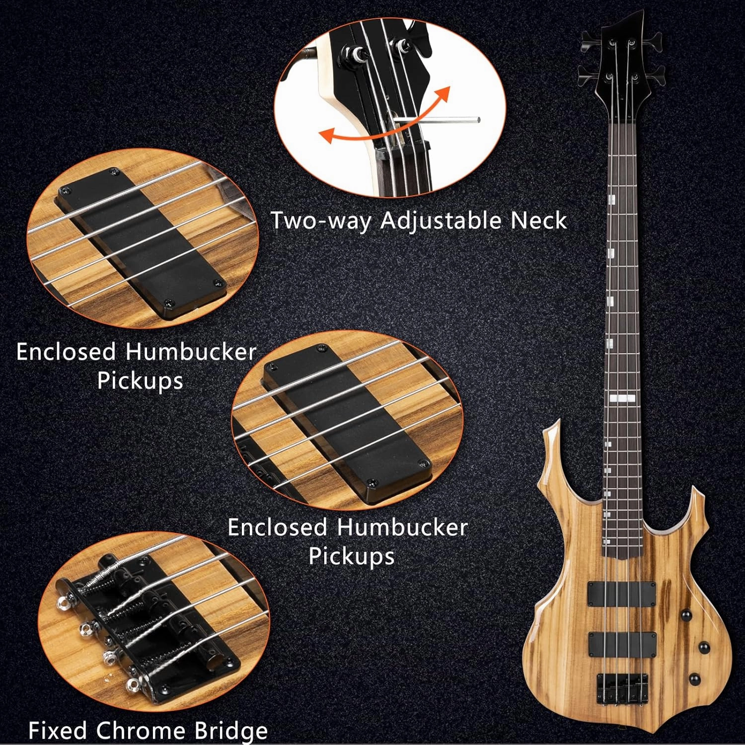 Ktaxon Electric Bass Guitar Full Size Flame Design Bass Set with 20 Watt Amplifier, Portable Bass Bag, Superior Amp Wire, Adjustable Guitar Strap, Plectrum, Wrench Tool（Natural)