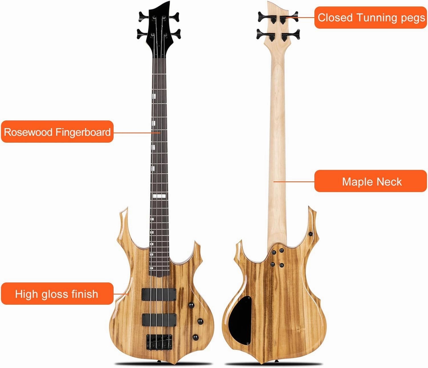 Ktaxon Electric Bass Guitar Full Size Flame Design Bass Set with 20 Watt Amplifier, Portable Bass Bag, Superior Amp Wire, Adjustable Guitar Strap, Plectrum, Wrench Tool（Natural)