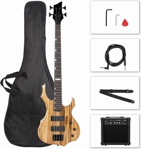 Ktaxon Electric Bass Guitar Full Size Flame Design Bass Set with 20 Watt Amplifier, Portable Bass Bag, Superior Amp Wire, Adjustable Guitar Strap, Plectrum, Wrench Tool（Natural)