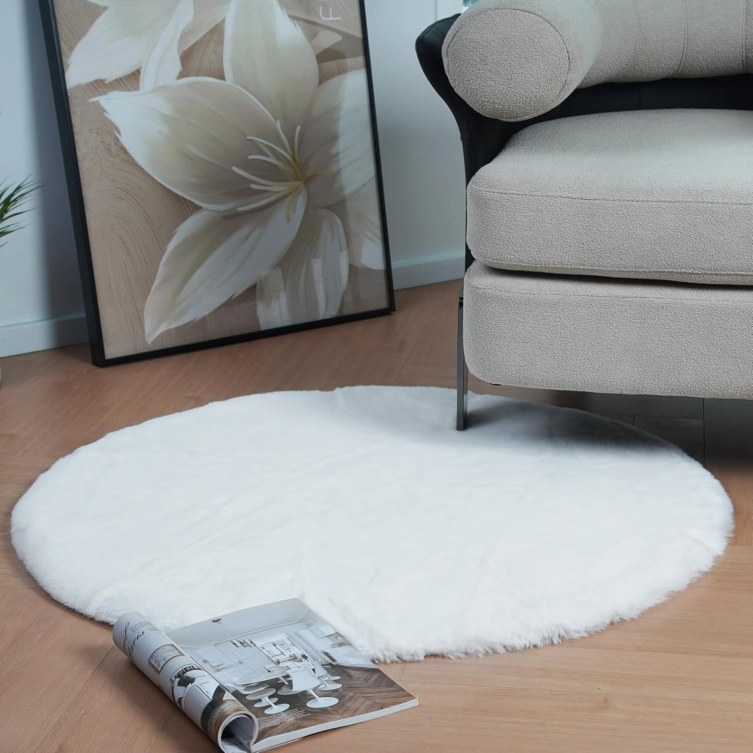 Latepis White Fur Round Rug 3ft Non-Slip Washable Circle Rug Fluffy Faux Rabbit Fur Rug for Photoshoot Plush Shag Rug Furry Carpet for Living Room Bedroom Kids Room Area Rug