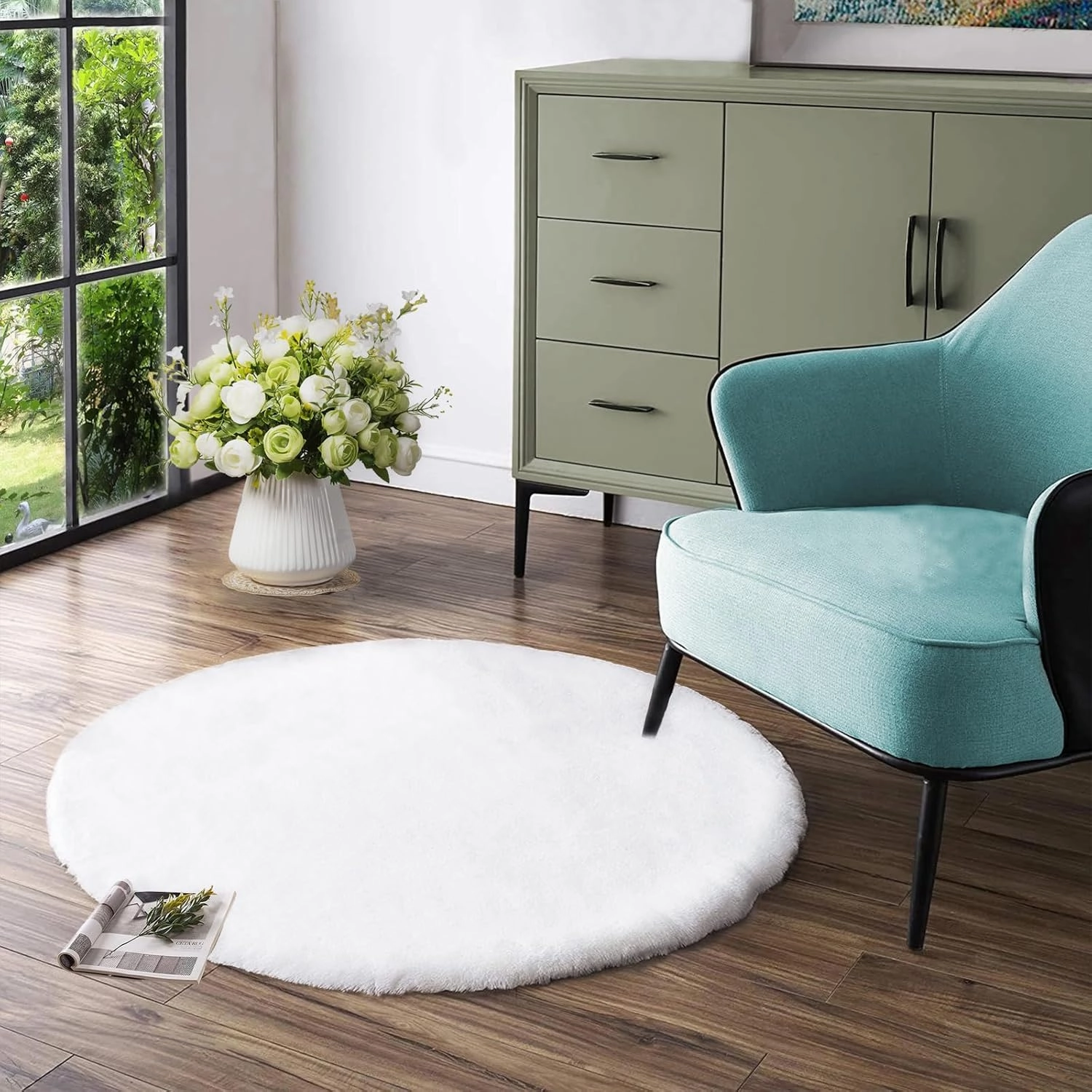 Latepis White Fur Round Rug 3ft Non-Slip Washable Circle Rug Fluffy Faux Rabbit Fur Rug for Photoshoot Plush Shag Rug Furry Carpet for Living Room Bedroom Kids Room Area Rug