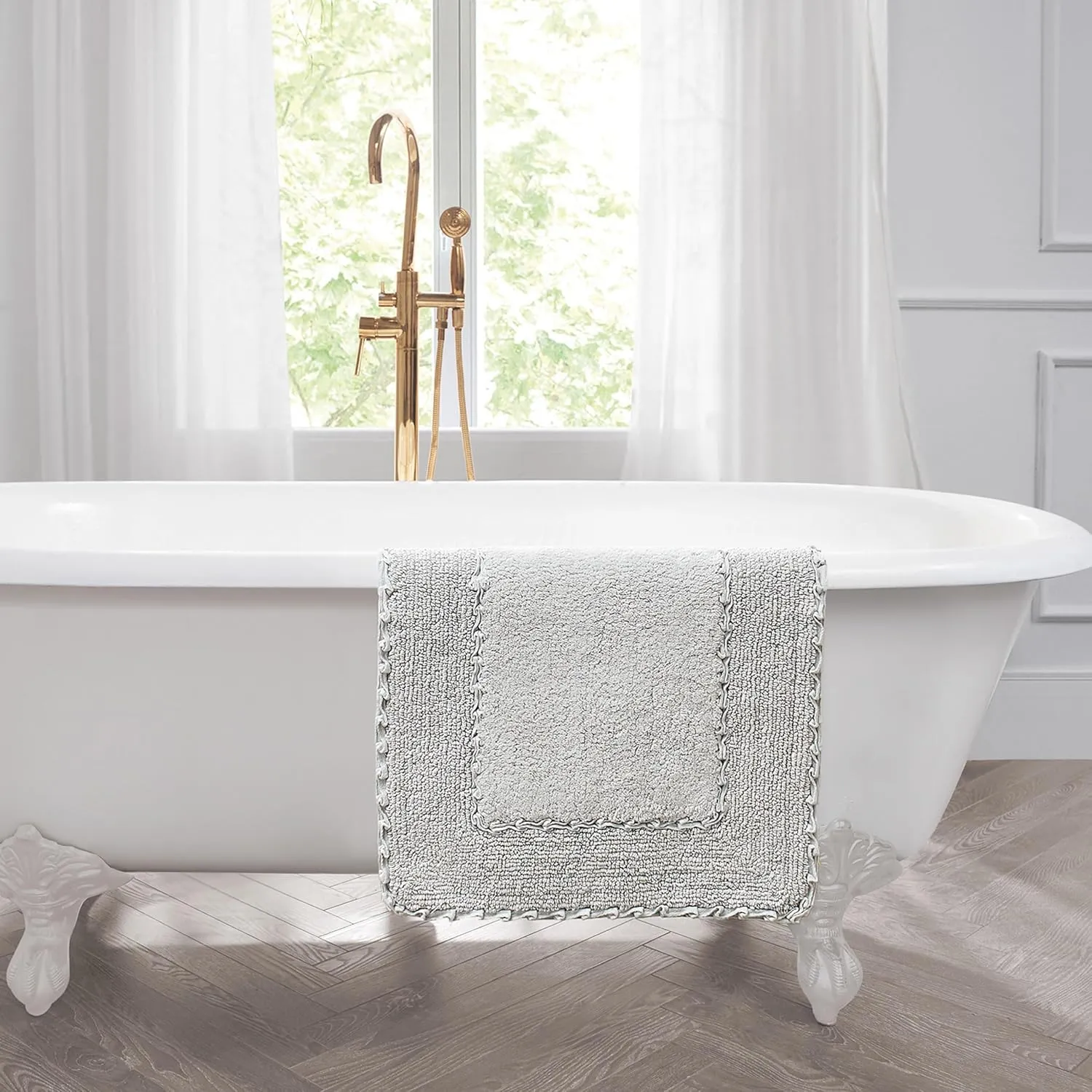 Laura Ashley Ruffle Cotton 2-Piece Bath Rug Set, Light Gray