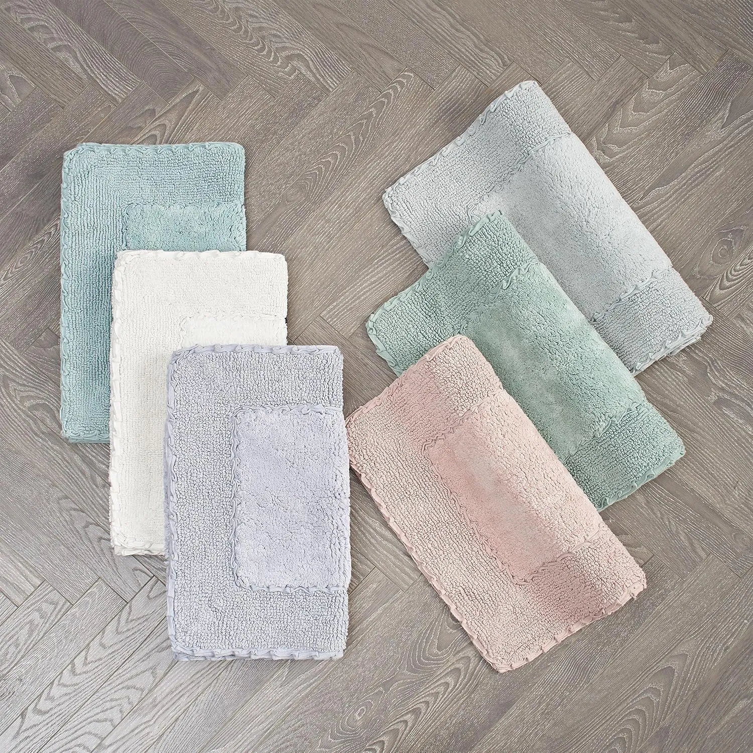 Laura Ashley Ruffle Cotton 2-Piece Bath Rug Set, Light Gray