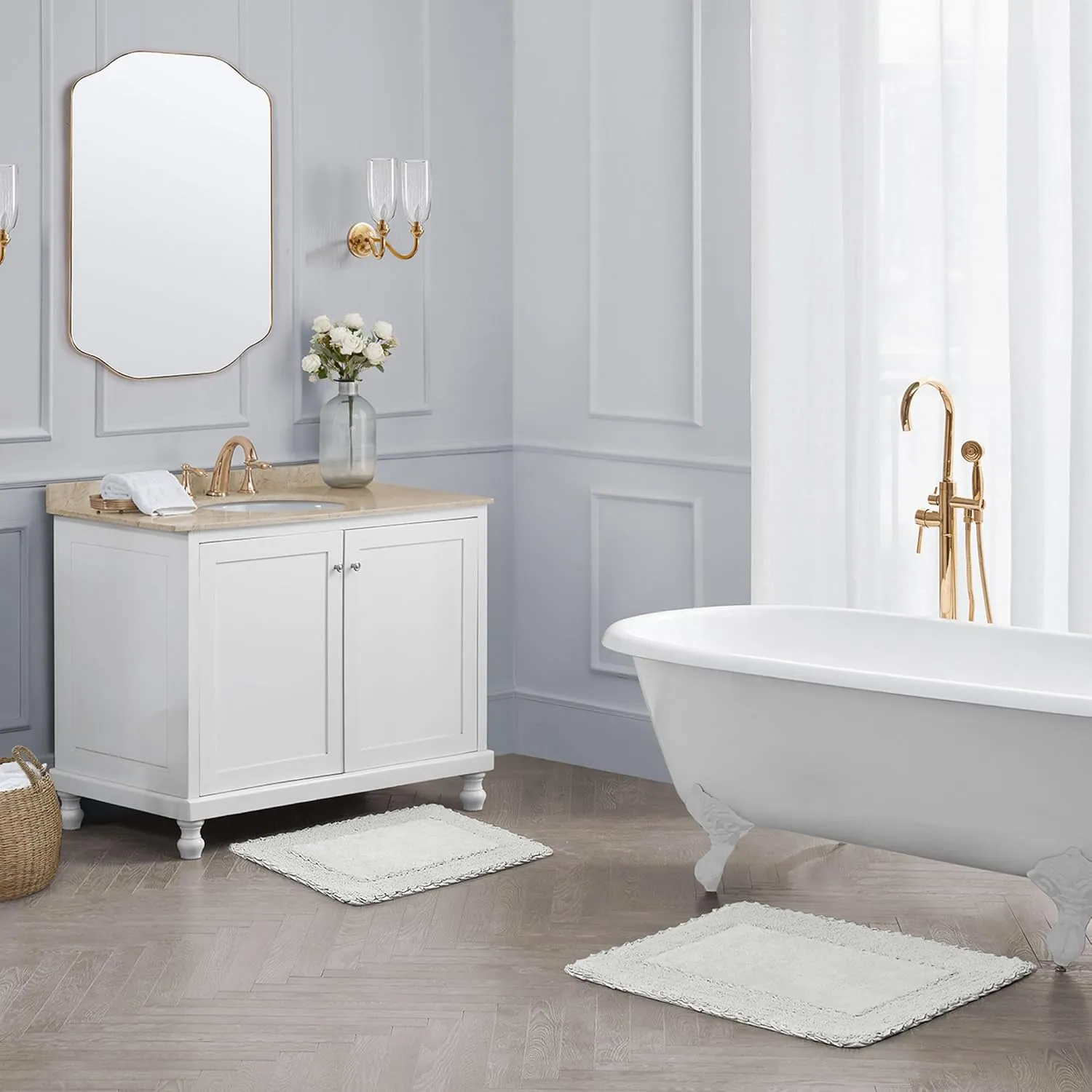 Laura Ashley Ruffle Cotton 2-Piece Bath Rug Set, Light Gray