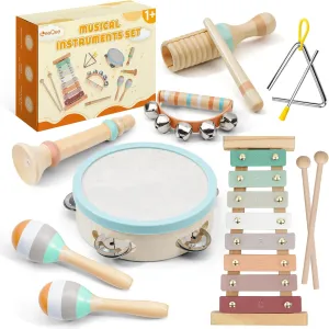 LeeQee Montessori Toys for 1 2 3 Year Old - Wooden Toys Baby Musical Instruments, Neutral Colors Percussion Instruments Set with Modern Boho Xylophone for Toddlers 3  Music Education