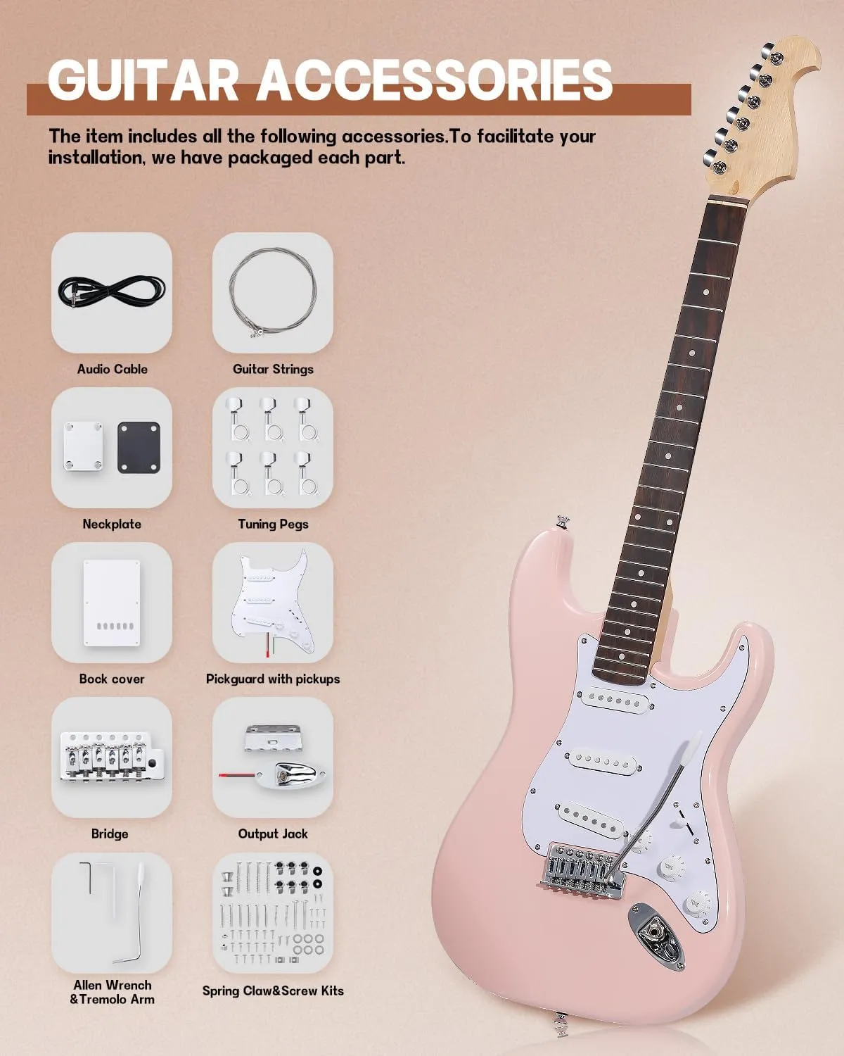 Leo Jaymz DIY ST Style Electric Guitar Kits,Spray-painted Mahogany Body,Laurel Wood Fingerboard and Maple Neck, including all Components (ST-Light Pink)