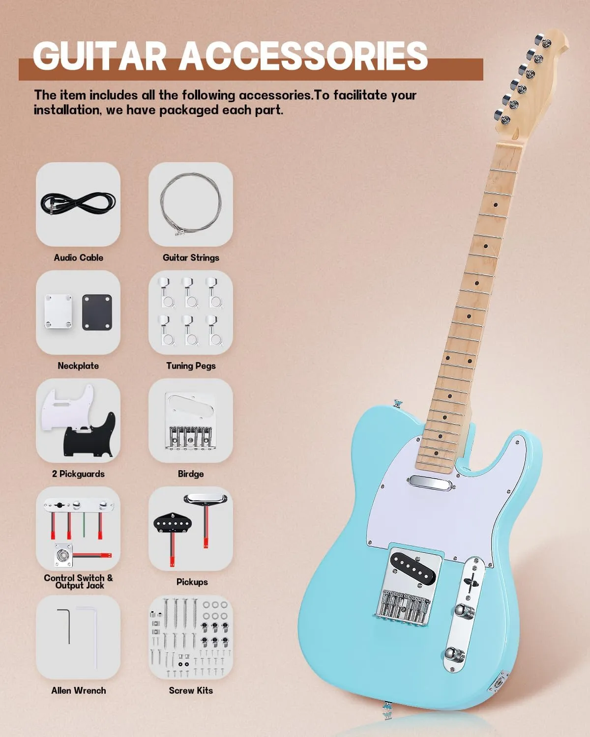 Leo Jaymz DIY TL Style Electric Guitar Kits,Spray-painted Mahogany Body,Maple Neck, including all Components (TL Sonic Blue)