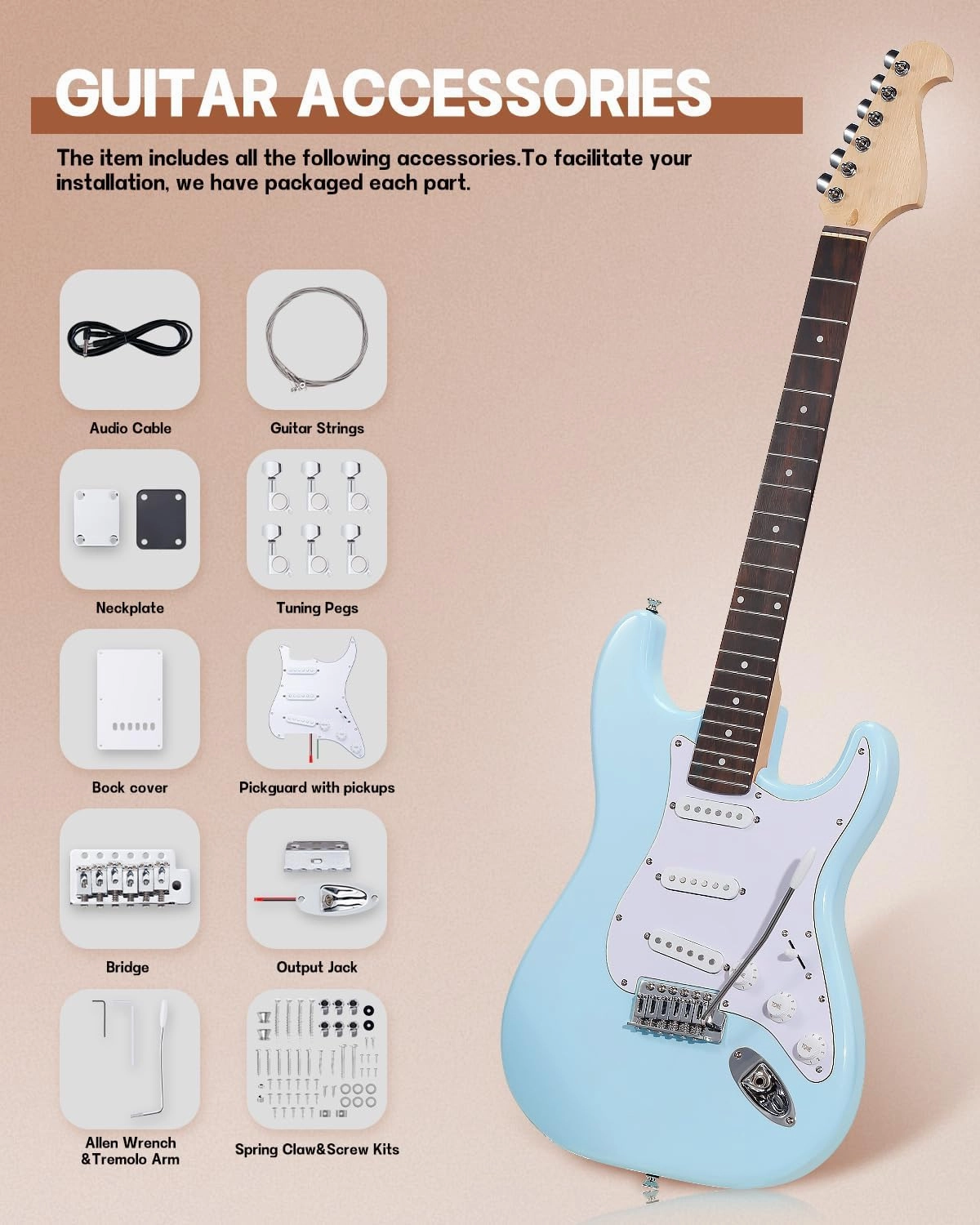 Leo Jaymz DIY ST Style Electric Guitar Kits,Spray-painted Mahogany Body,Laurel Wood Fingerboard and Maple Neck, including all Components (ST-Sonic Blue)