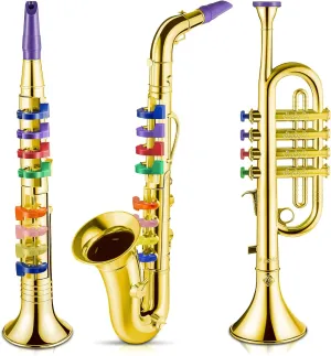 Lewtemi Set of 3 Saxophone for Kids Musical Instruments Toy Saxophone Toy Trumpet and Clarinet with 8 Colored Coded Keys Teaching Songs Gifts for Toddlers Children(Gold)