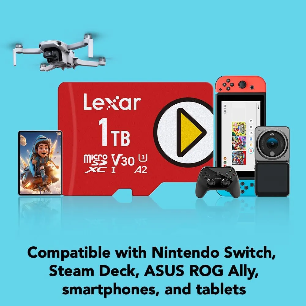 Lexar 1TB Play Micro SD Card, UHS-I, C10, U3, V30, A2, Full HD, 4K, Up to 205/140 MB/s microSDXC Memory Card, Expanded Storage for Nintendo Switch, Gaming, Smartphones, Tablets (LMSPLAY001T-BNSNU)