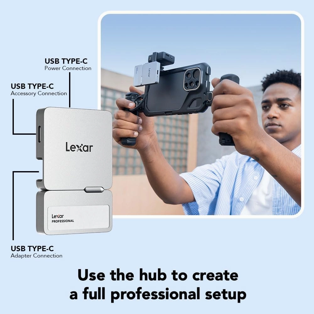 Lexar 1TB Professional Go Portable SSD w/Hub, Supports Apple 4K 60fps ProRes, Up to 1050MB/s, USB 3.2 Gen 2, Rugged, IP65, Ultracompact, Compatible w/iPhone 15/16, External SSD (LSL400S001T-RNSNU)