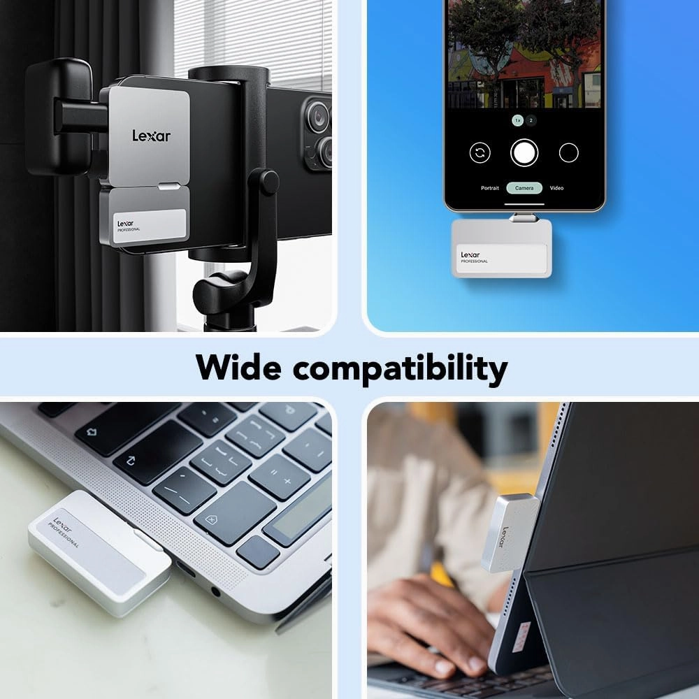 Lexar 1TB Professional Go Portable SSD w/Hub, Supports Apple 4K 60fps ProRes, Up to 1050MB/s, USB 3.2 Gen 2, Rugged, IP65, Ultracompact, Compatible w/iPhone 15/16, External SSD (LSL400S001T-RNSNU)
