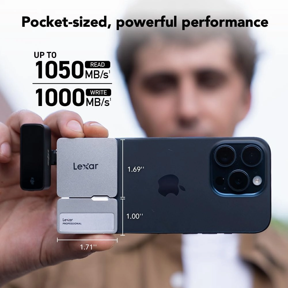 Lexar 1TB Professional Go Portable SSD w/Hub, Supports Apple 4K 60fps ProRes, Up to 1050MB/s, USB 3.2 Gen 2, Rugged, IP65, Ultracompact, Compatible w/iPhone 15/16, External SSD (LSL400S001T-RNSNU)