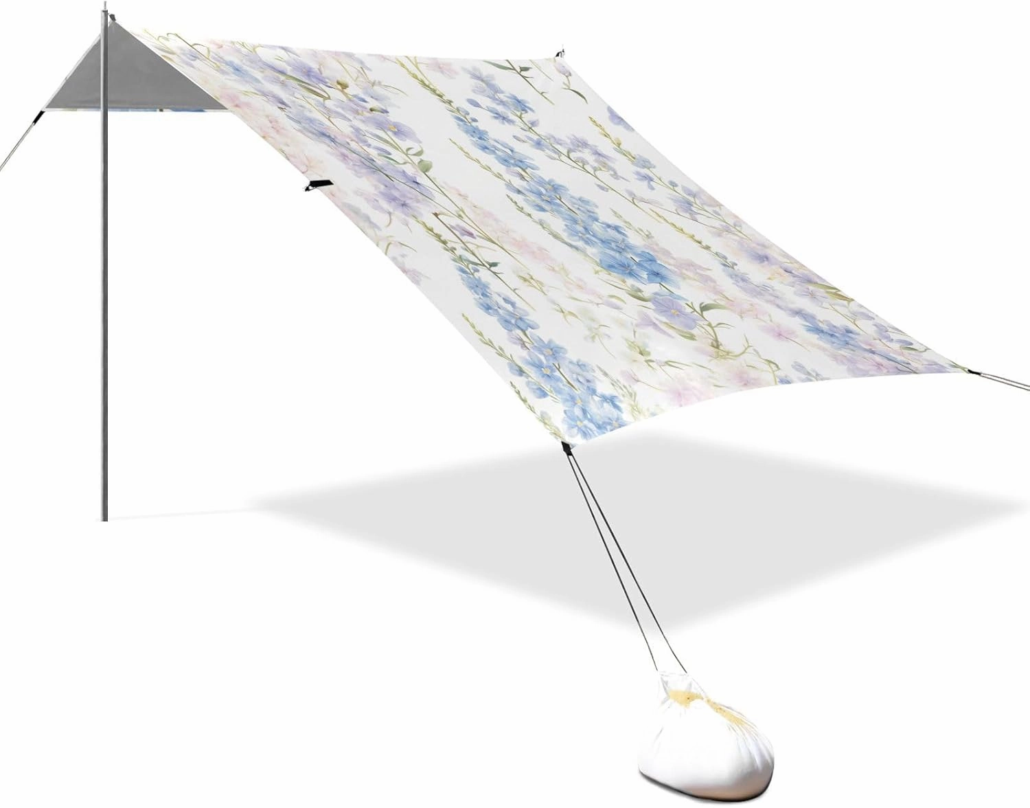 Light Blue and Pink Flowers Beach Cabana UPF50  Waterproof Sun Shade with Sandbags, Sand Shovel, Poles for Camping, Picnics, Backyard & Fishing