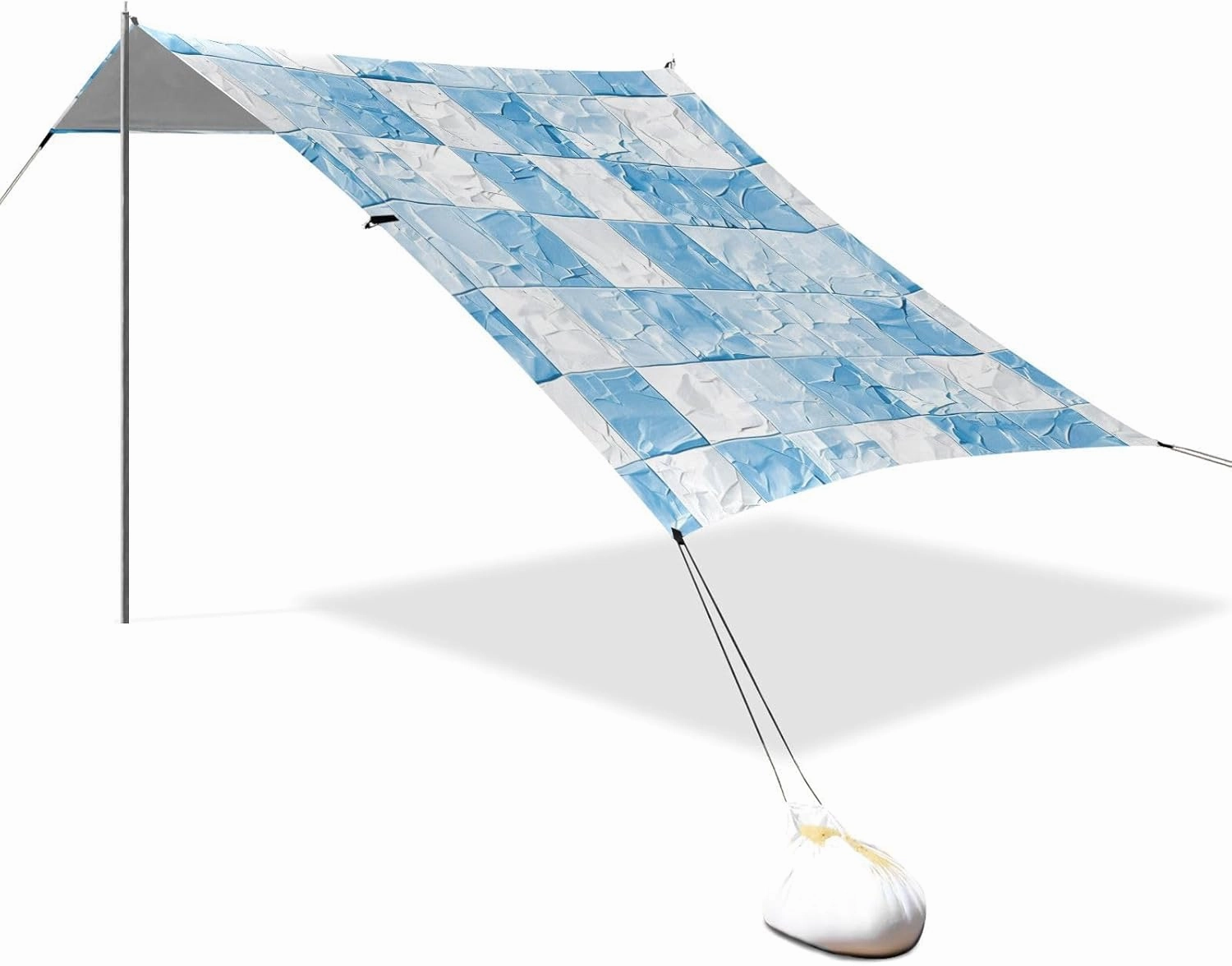 Light Blue and White Checkered Pattern Designed UPF50  Protection Foldable Beach Canopy Water-Resistant Large Sun Shade with Sandbags & Sand Shovel for Backyard, Grassland, Park Parasol Beach