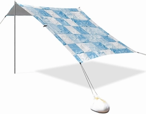 Light Blue and White Checkered Pattern Designed UPF50  Protection Foldable Beach Canopy Water-Resistant Large Sun Shade with Sandbags & Sand Shovel for Backyard, Grassland, Park Parasol Beach