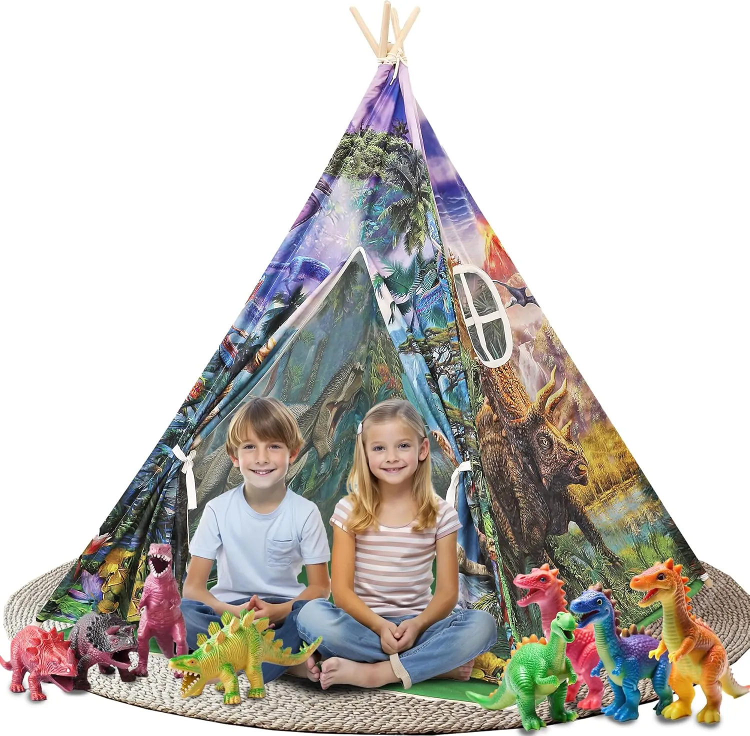 LimitlessFunN Dinosaur Teepee Kids Play Tent | Includes Padded Mat, Wooden Poles, Star Lights & Carrying Case |, Children Indoor Playhouse for Boys, Toddlers, 47" D x 47" W x 57" H