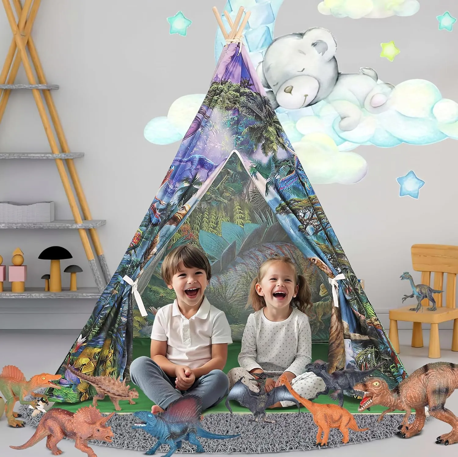LimitlessFunN Dinosaur Teepee Kids Play Tent | Includes Padded Mat, Wooden Poles, Star Lights & Carrying Case |, Children Indoor Playhouse for Boys, Toddlers, 47" D x 47" W x 57" H
