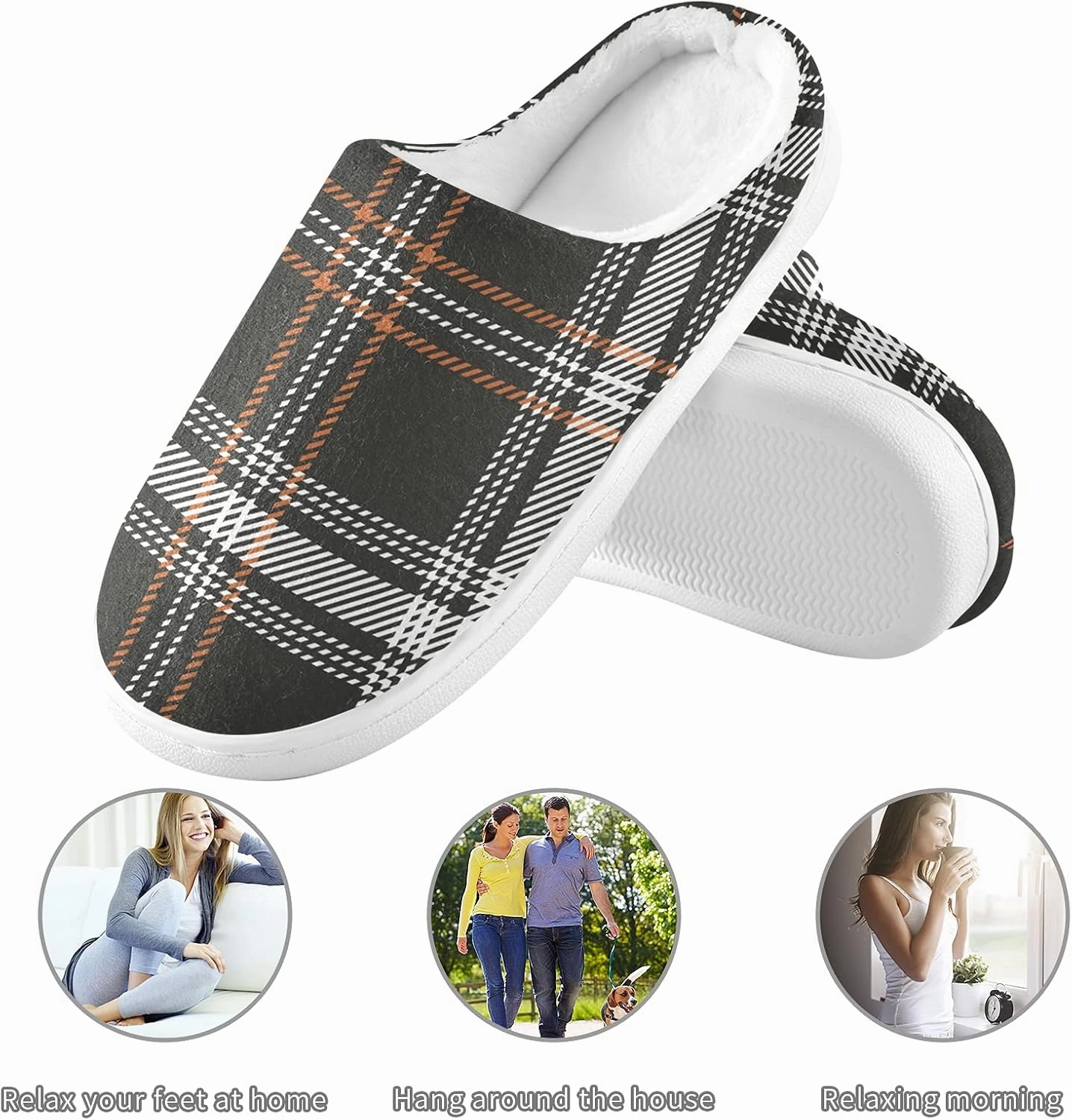 linqin Buffalo Plaid Red Black Womens Mens Cozy Fuzzy Slippers, Soft Warm Lightweight Memory Foam Anti-Slip House Indoor Outdoor Slippers