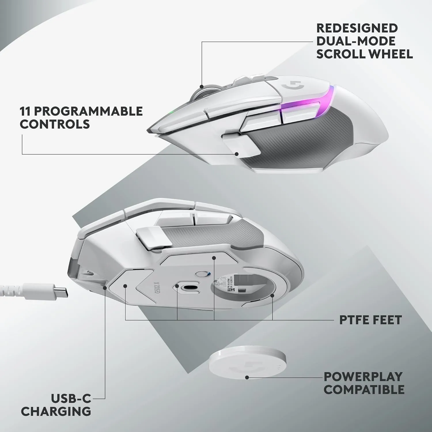 Logitech G502 X Plus Wireless Gaming Mouse - LIGHTSPEED Optical, LIGHTFORCE Switches, LIGHTSYNC RGB, HERO 25K Sensor for PC/Mac - White