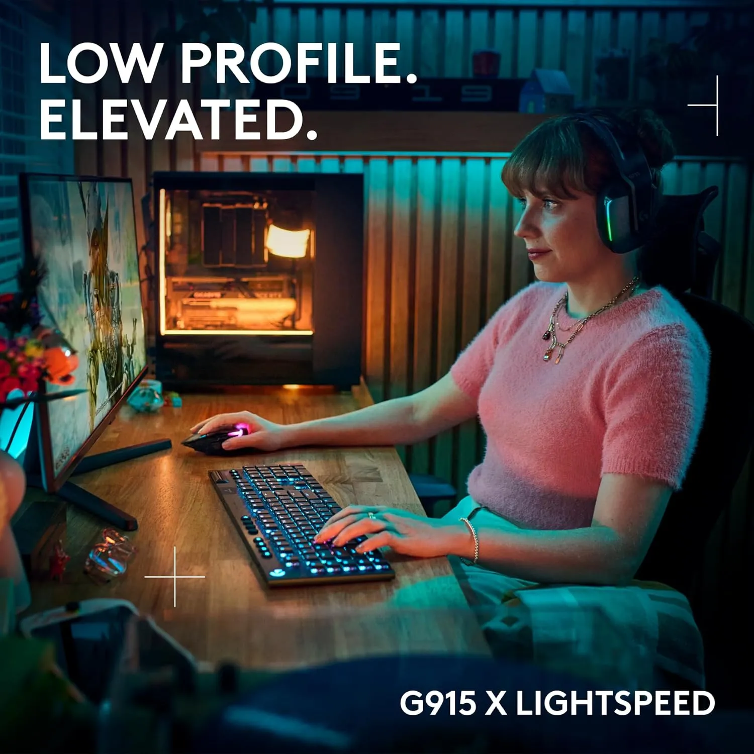 Logitech G915 X Lightspeed Wireless Mechanical Gaming Keyboard, Double-Shot PBT Keycaps, Fully Programmable Keys, RGB Backlit Mac/PC Gaming Keyboards, Aluminum Finish, GL Clicky Switches, Black
