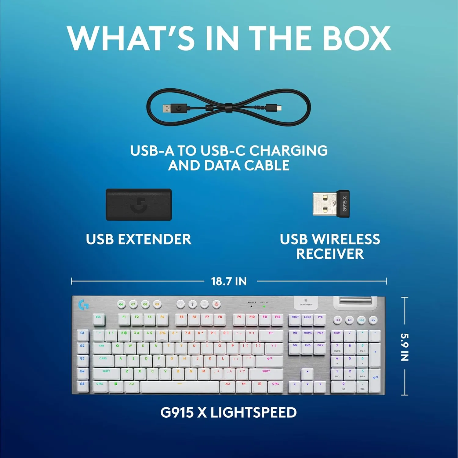 Logitech G915 X Lightspeed Wireless Mechanical Gaming Keyboard, Double-Shot PBT Keycaps, Fully Programmable Keys, RGB Backlit Mac/PC Gaming Keyboards, Aluminum Finish, GL Tactile Switches, White