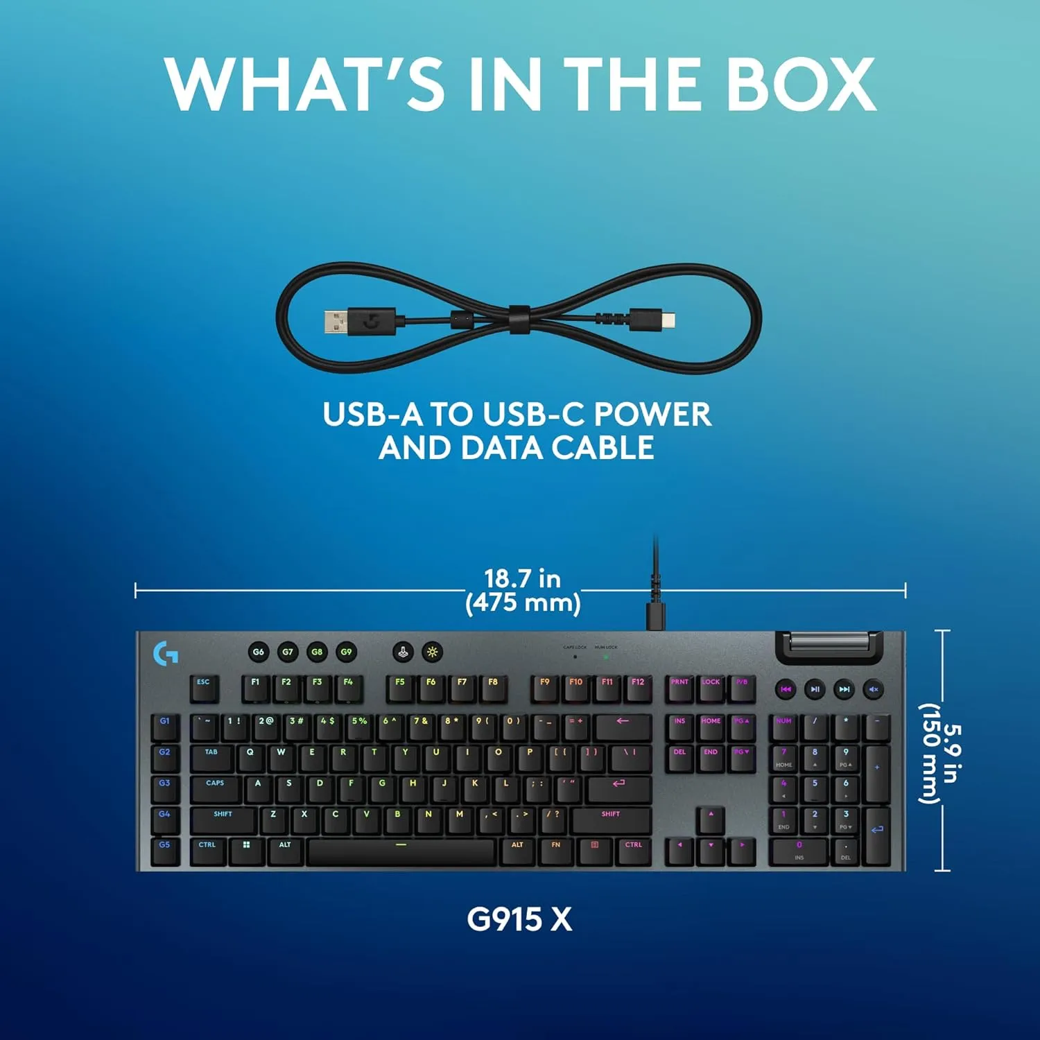Logitech G915 X Wired Mechanical Gaming Keyboard, Double-Shot PBT Keycaps, Fully Programmable Keys, RGB Backlit Mac/PC Gaming Keyboards, Aluminum Finish, GL Linear Switches, Black