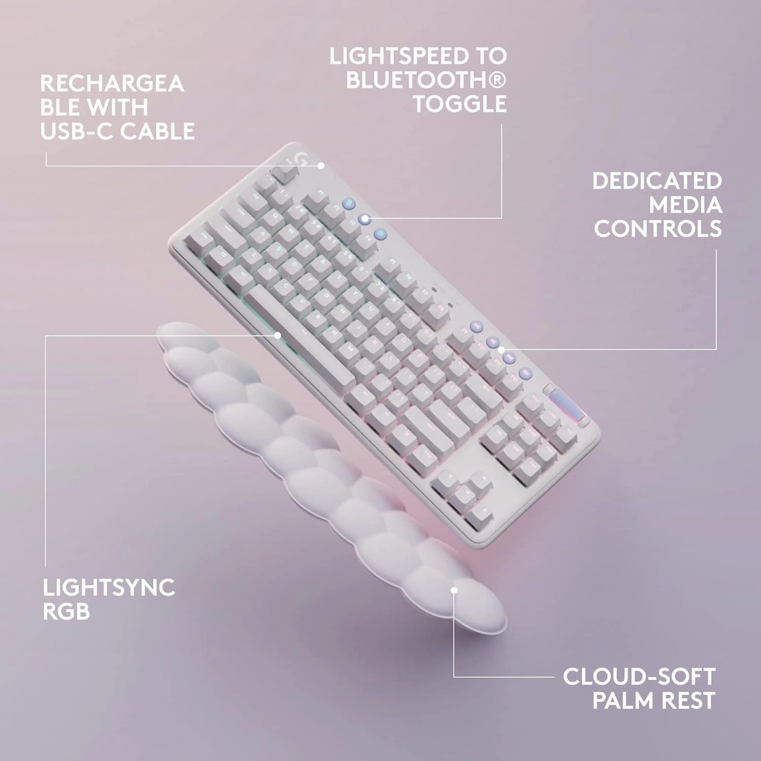 Logitech G715 Wireless Mechanical Gaming Keyboard with LIGHTSYNC RGB, LIGHTSPEED, Clicky Switches (GX Blue), and Keyboard Palm Rest, PC/Mac Compatible - White Mist