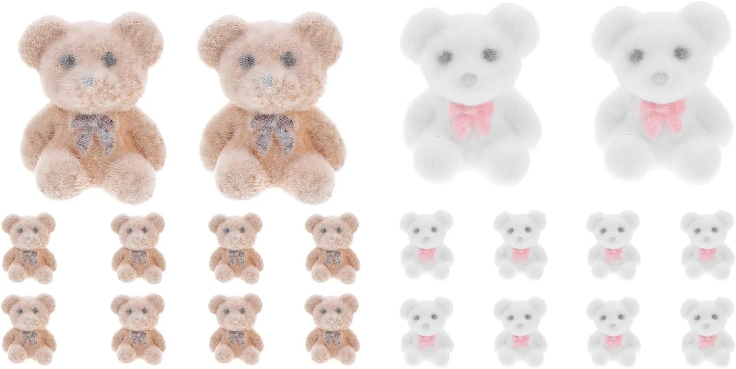LOGOFUN 20pcs Mini Flocked Bears Miniature Flocked Plush Mini Bears Stuffed Tiny Bear Decorations for Wedding Birthday Valentine's Day Graduation - Brown White
