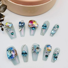 Long false nails，Luxury & Custom Fake Nails, Hand-Painted Nails Design by Professional Nail Artist Salon Acrylic Nail Kit With Gift Box 10 PCS. (5-蓝色海洋-S, 均码)