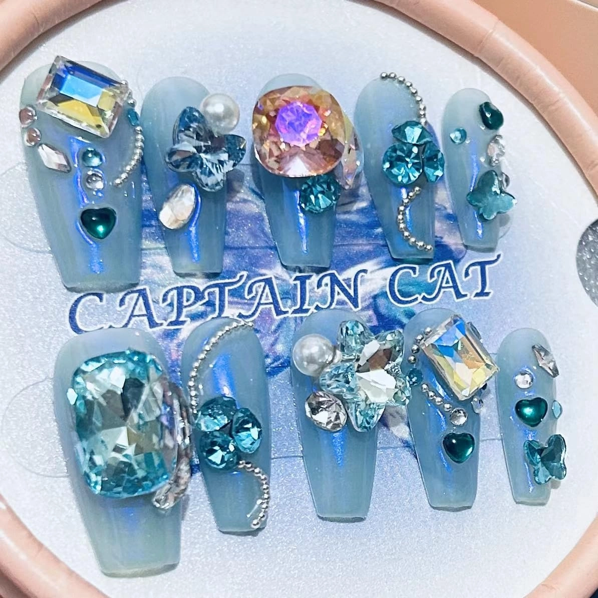 Long false nails，Luxury & Custom Fake Nails, Hand-Painted Nails Design by Professional Nail Artist Salon Acrylic Nail Kit With Gift Box 10 PCS. (5-蓝色海洋-S, 均码)