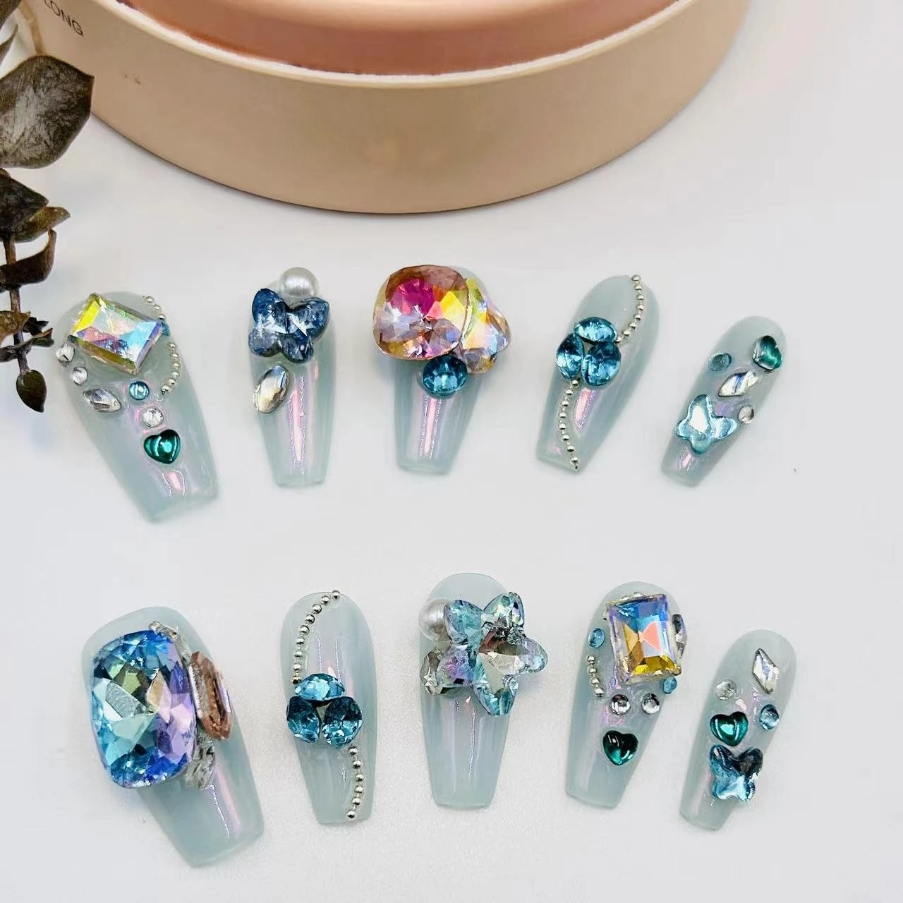Long false nails，Luxury & Custom Fake Nails, Hand-Painted Nails Design by Professional Nail Artist Salon Acrylic Nail Kit With Gift Box 10 PCS. (5-蓝色海洋-S, 均码)