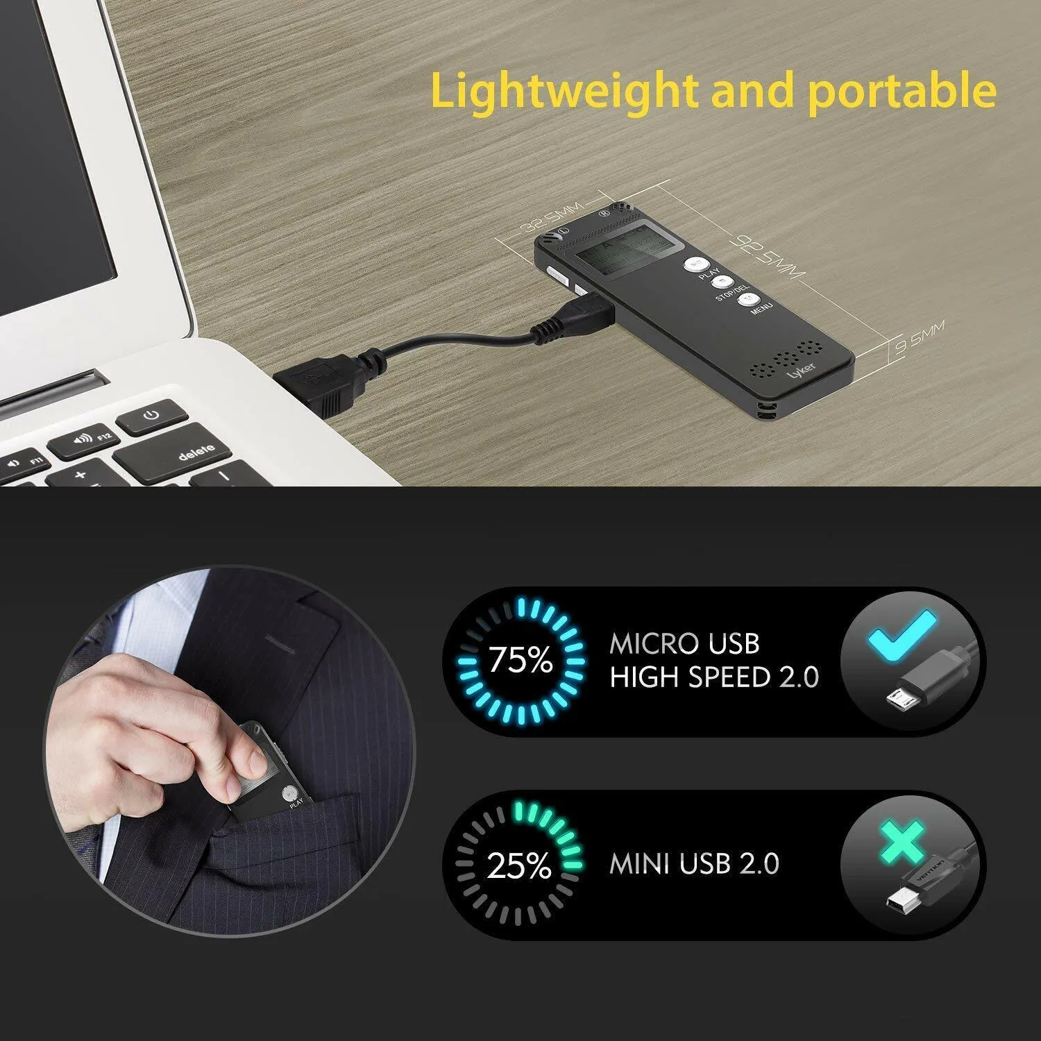 Lyker VM-31 Digital Voice Recorder for Lectures 8GB with Dual Microphone