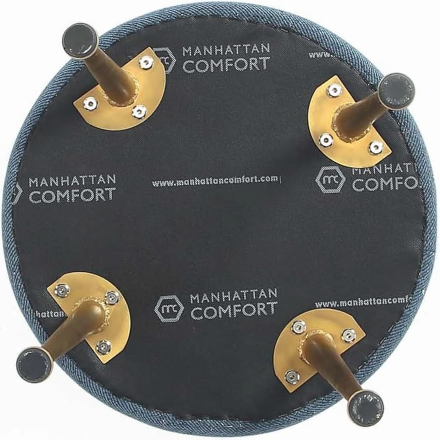 Manhattan Comfort Bailey Mid-Century Modern Round Ottoman - Durable Woven Polyester Blend Upholstery, Stylish Gold Stainless Steel Legs - Easy Assembly, Perfect for Living Room, Blue with Gold Feet